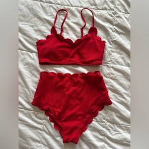 Zaful - Red Scalloped High Waisted Bikini - Size Small